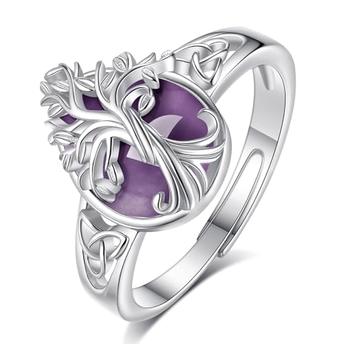 EUDORA Harmony Ball Amethyst Lebensbaum Ring für Damen S925 Sterling Silber, Verstellbarer Baum des Lebens Ring Offener Ringe Mit Kristall Amethyst Heilsteine Schmuck Geschenk für Frauen von EUDORA Harmony Ball