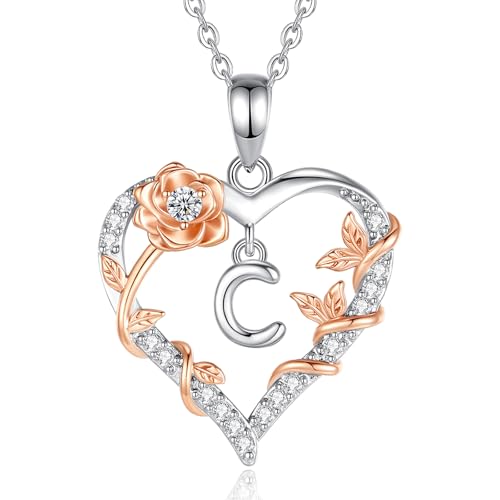 EUDORA Harmony Ball Herz Rosen Kette mit Buchstaben C für Damen mit Zirkonia, Silber Buchstabe Ketten Initialen Halskette Alphabet Anhänger Schmuck mit Namen Geschenke für Frauen Mutter Tochter, 18" von EUDORA Harmony Ball