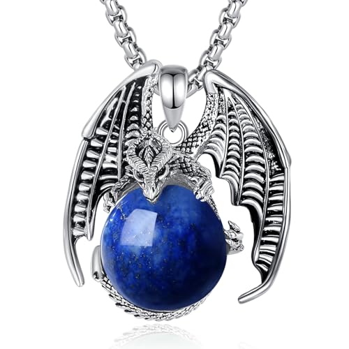 EUDORA Harmony Ball Drachen Lapislazuli Kette für Damen Herren, Vintage Wikinger Drachen Lapislazuli Halskette Anhänger Amulett Energie Gothic Schmuck, Geschenk für Frauen Herren Papa Mutter, 20"+2" von EUDORA Harmony Ball