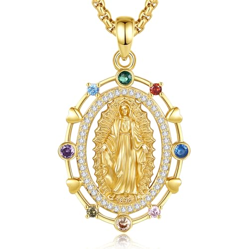 EUDORA Harmony Ball Gold Kette Heilige Maria Jungfrau von Guadalupe Medaille Sterling Silber S925 Jungfrau Maria Halskette Our Lady of Guadalupe Anhänger Schmuck, Geschenk für Frauen Herren, 20"+2" von EUDORA Harmony Ball