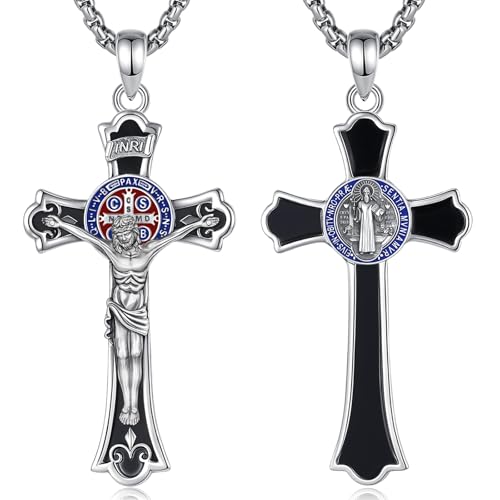 EUDORA Harmony Ball Halskette mit Kreuz des Heiligen Benedikt Benedikt Obsidian Kreuz für Damen und Herren 925 Sterling Silber, Anhänger mit Kreuz des Heiligen Benedikt Christlichen Schmuck Geschenke von EUDORA Harmony Ball