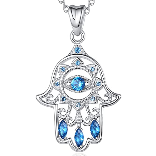 EUDORA Harmony Ball Hamsa Hand Halskette Evil Eye Kette für Frauen, S925 Sterling Silber mit Zirkonia Blau Fatimas Hand Kette Amulett Schmuck Anhänger, Glücksbringer Geschenk für Damen Mädchen, 18" von EUDORA Harmony Ball