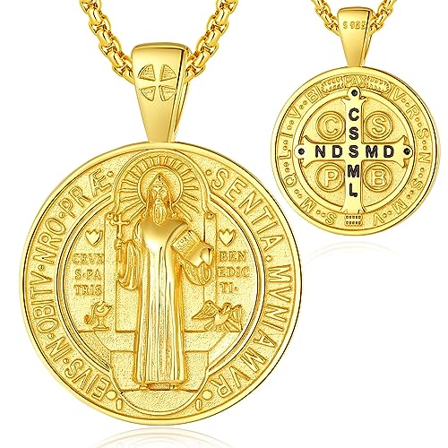 EUDORA Harmony Ball Heiliger Benedikt Kette Medaille für Damen Herren 18K Vergoldetes Sterling Silber, St. Benedikt Halskette Amulett Anhänger Christlicher Schmuck, Geschenke für Frauen Männer, 55CM von EUDORA Harmony Ball