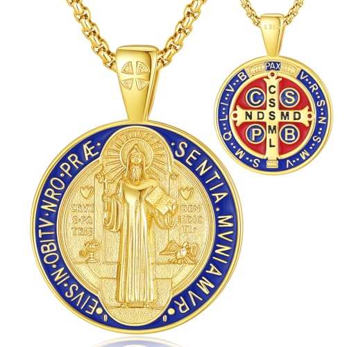 EUDORA Harmony Ball Heiliger Benedikt Kette Medaille für Damen Herren 18K Vergoldetes Sterling Silber, St. Hl. Benedikt Halskette Anhänger Amulett Schmuck Religion Geschenk für Frauen Herren, 22"+2" von EUDORA Harmony Ball