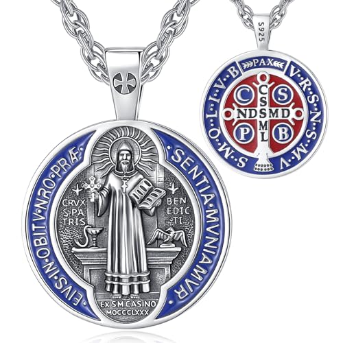 EUDORA Harmony Ball Heiliger Benedikt Kette Medaille für Damen Herren Sterling Silber S925, Hl. St. Benedikt Anhänger Amulett Halskette Christlicher Schmuck, Geschenke für Frauen Herren, 22"+ 2" von EUDORA Harmony Ball