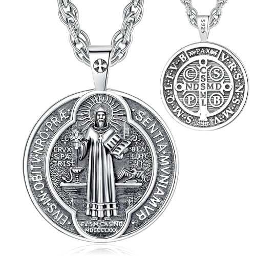 EUDORA Harmony Ball Heiliger Benedikt Kette Medaille für Damen Herren Sterling Silber S925, Hl. St. Benedikt Halskette Amulett Anhänger Christlicher Schmuck, Geschenke für Frauen Herren, 22"+ 2" von EUDORA Harmony Ball