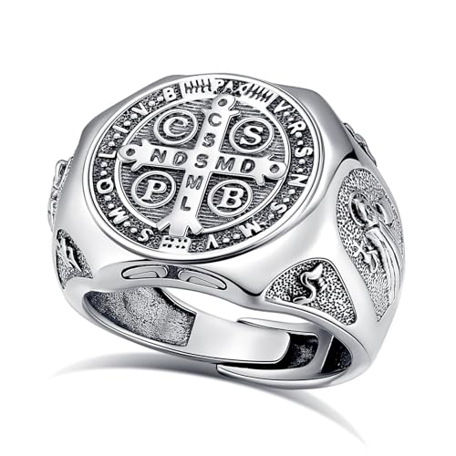 EUDORA Harmony Ball Heiliger Benedikt Ring für Damen Herren Sterling Silber S925, Vintage Hl. Benedikt Ring Verstellbarer Offener St. Benedict Ringe Religion Geschenk für Frauen Herren von EUDORA Harmony Ball