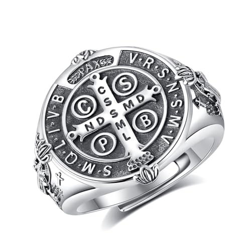 EUDORA Harmony Ball Heiliger Benedikt Ring für Damen Herren Sterling Silber S925, Vintage Hl. Benedikt Ring Verstellbarer Offener St. Benedict Ringe Religion Geschenk für Herren Frauen von EUDORA Harmony Ball