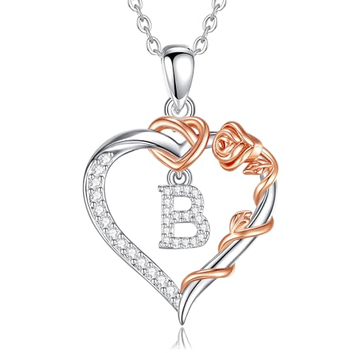 EUDORA Harmony Ball Herz Buchstaben Kette mit Rosen für Damen, Kette mit Buchstaben B Initialen Halskette Alphabet Anhänger Zirkonia Herz Schmuck mit Namen Geschenke für Frauen Mutter Tochter, 18" von EUDORA Harmony Ball