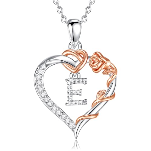 EUDORA Harmony Ball Herz Buchstaben Kette mit Rosen für Damen, Kette mit Buchstaben E Initialen Halskette Alphabet Anhänger Zirkonia Herz Schmuck mit Namen Geschenke für Frauen Mutter Tochter, 18" von EUDORA Harmony Ball