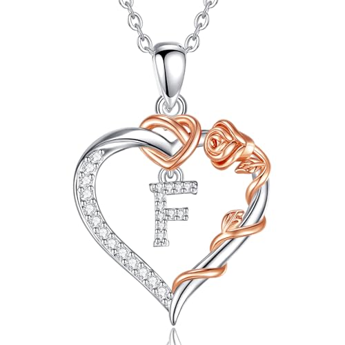 EUDORA Harmony Ball Herz Buchstaben Kette mit Rosen für Damen, Kette mit Buchstaben F Initialen Halskette Alphabet Anhänger Zirkonia Herz Schmuck mit Namen Geschenke für Frauen Mutter Tochter, 18" von EUDORA Harmony Ball