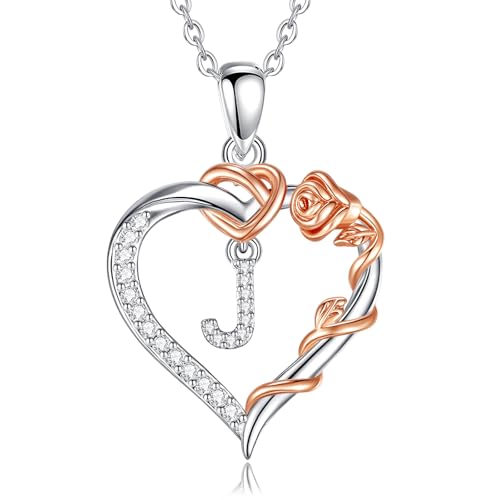 EUDORA Harmony Ball Herz Buchstaben Kette mit Rosen für Damen, Kette mit Buchstaben J Initialen Halskette Alphabet Anhänger Zirkonia Herz Schmuck mit Namen Geschenke für Frauen Mutter Tochter, 18" von EUDORA Harmony Ball