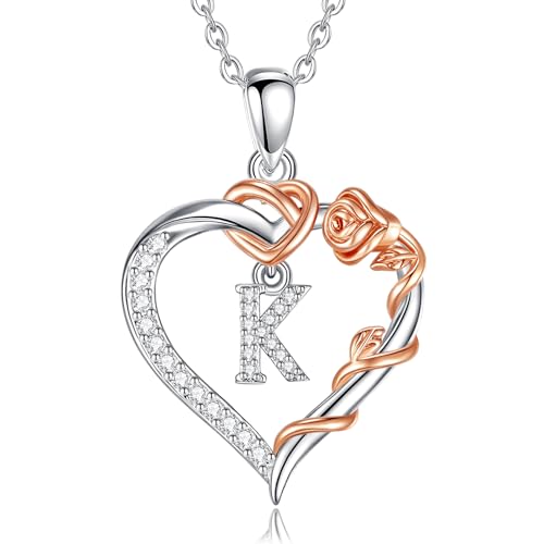 EUDORA Harmony Ball Herz Buchstaben Kette mit Rosen für Damen, Kette mit Buchstaben K Initialen Halskette Alphabet Anhänger Zirkonia Herz Schmuck mit Namen Geschenke für Frauen Mutter Tochter, 18" von EUDORA Harmony Ball