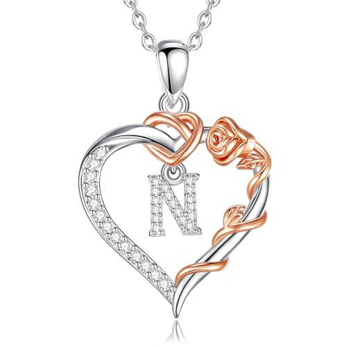 EUDORA Harmony Ball Herz Buchstaben Kette mit Rosen für Damen, Kette mit Buchstaben N Initialen Halskette Alphabet Anhänger Zirkonia Herz Schmuck mit Namen Geschenke für Frauen Mutter Tochter, 18" von EUDORA Harmony Ball