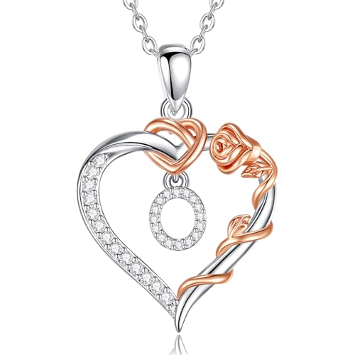 EUDORA Harmony Ball Herz Buchstaben Kette mit Rosen für Damen, Kette mit Buchstaben O Initialen Halskette Alphabet Anhänger Zirkonia Herz Schmuck mit Namen Geschenke für Frauen Mutter Tochter, 18" von EUDORA Harmony Ball