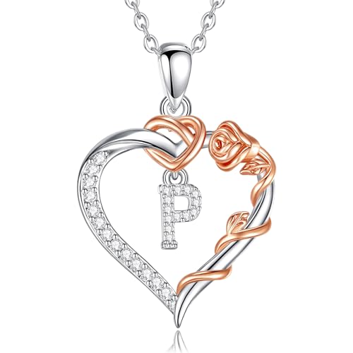 EUDORA Harmony Ball Herz Buchstaben Kette mit Rosen für Damen, Kette mit Buchstaben P Initialen Halskette Alphabet Anhänger Zirkonia Herz Schmuck mit Namen Geschenke für Frauen Mutter Tochter, 18" von EUDORA Harmony Ball