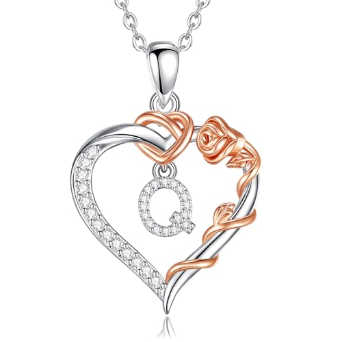 EUDORA Harmony Ball Herz Buchstaben Kette mit Rosen für Damen, Kette mit Buchstaben Q Initialen Halskette Alphabet Anhänger Zirkonia Herz Schmuck mit Namen Geschenke für Frauen Mutter Tochter, 18" von EUDORA Harmony Ball