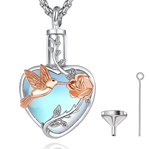 EUDORA Harmony Ball Herz Mondstein Asche Urnen Kette für Damen Sterling Silber 925, Kolibri und Rose Einäscherung Schmuck Memorial Urn die Asche, Andenken Beerdigung Medaillon Anhänger,20 Zoll von EUDORA Harmony Ball