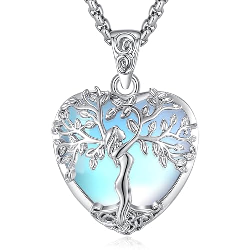 EUDORA Harmony Ball Herz Mondstein Lebensbaum Kette für Damen, Baum des Lebens Halskette Mutterbaum Anhänger mit Kristall Mondstein Heilsteine Schmuck Geschenk für Frauen Damen Mutter, Kette 20"+2" von EUDORA Harmony Ball