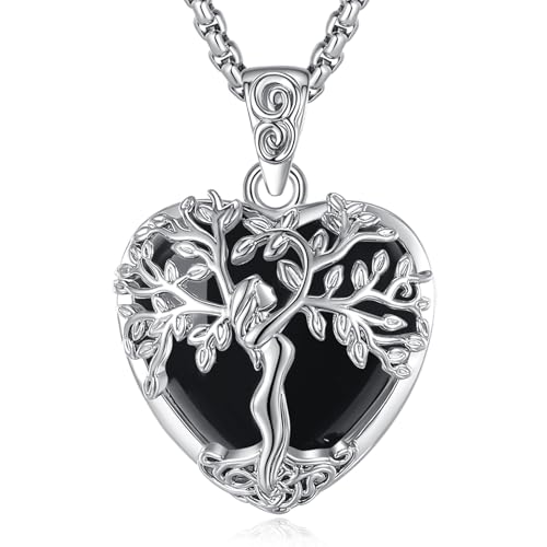 EUDORA Harmony Ball Herz Obsidian Lebensbaum Kette für Damen, Baum des Lebens Halskette Mutterbaum Anhänger mit Kristall Obsidian Heilsteine Schmuck Geschenk für Frauen Damen, Kette 20"+2" von EUDORA Harmony Ball