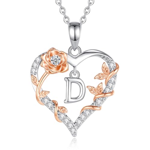 EUDORA Harmony Ball Herz Rosen Kette mit Buchstaben D für Damen mit Zirkonia, Silber Buchstabe Ketten Initialen Halskette Alphabet Anhänger Schmuck mit Namen Geschenke für Frauen Mutter Tochter, 18" von EUDORA Harmony Ball