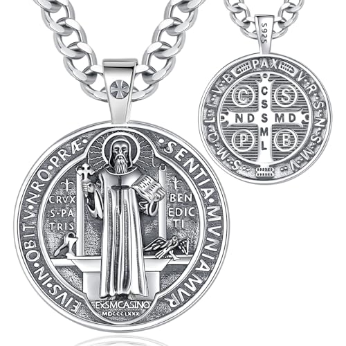 EUDORA Harmony Ball Kette Heiliger Benedikt Medaille für Damen Herren Sterling Silber S925, Hl. Benedikt Medaillon Halskette Anhänger Amulett Schmuck Religion Geschenk für Herren Frauen, 22"+2" von EUDORA Harmony Ball
