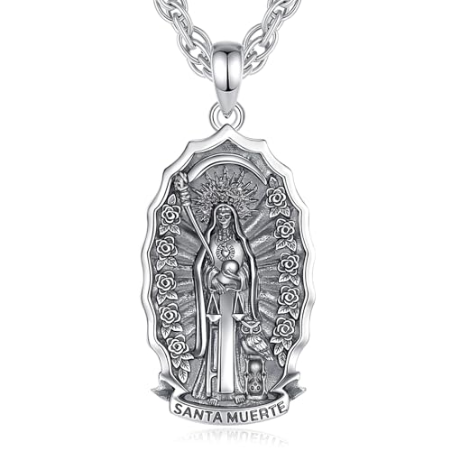 EUDORA Harmony Ball Kette Santa Muerte Medaille für Damen Herren Sterling Silber S925, Heiliger Frau Tod Medaillon Halskette Anhänger Schmuck Tag der Toten Geschenk für Herren Frauen, 22"+2" von EUDORA Harmony Ball