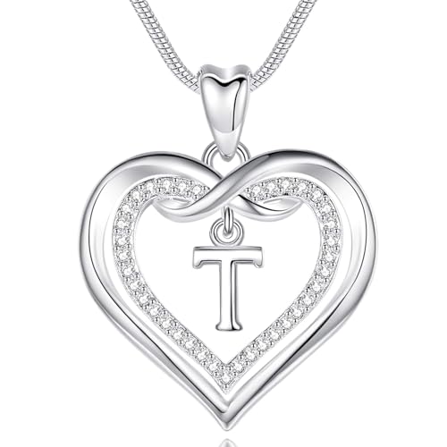 EUDORA Harmony Ball Kette mit Buchstaben T für Damen, Kupfer Versilbertes Herz Buchstabe T Alphabet Anhänger Halskette Schmuck mit Namen für Frauen, Geschenke für Mutter Tochter, 20 Zoll Kette von EUDORA Harmony Ball