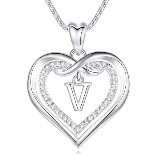 EUDORA Harmony Ball Kette mit Buchstaben V für Damen, Kupfer Versilbertes Herz Buchstabe V Alphabet Anhänger Halskette Schmuck mit Namen für Frauen, Geschenke für Mutter Tochter, 20 Zoll Kette von EUDORA Harmony Ball