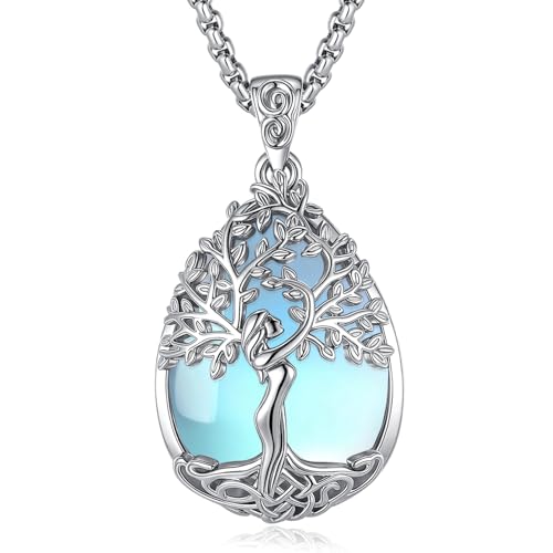 EUDORA Harmony Ball Mondstein Lebensbaum Kette für Damen, Baum des Lebens Halskette Mutterbaum Anhänger mit Kristall Mondstein Heilsteine Schmuck Geschenk für Frauen Damen Mutter, Kette 20"+2" von EUDORA Harmony Ball