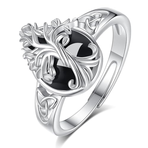 EUDORA Harmony Ball Obsidian Baum des Lebens Ring 925 Sterling Silber für Frauen Männer Einstellbar Tropfen Offener Band Ring Amulett Schutz Geschenk für Mama von EUDORA Harmony Ball