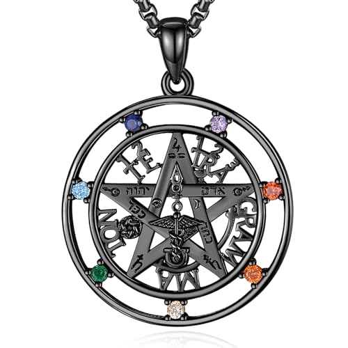 EUDORA Harmony Ball Pentagramm Chakra Kette für Damen Herren Sterlingsilber Schwarz Plattiert, Tetragrammaton Runen Halskette Amulett Anhänger Witcher Schmuck Geschenk für Frauen Mutter, 20"+2" von EUDORA Harmony Ball