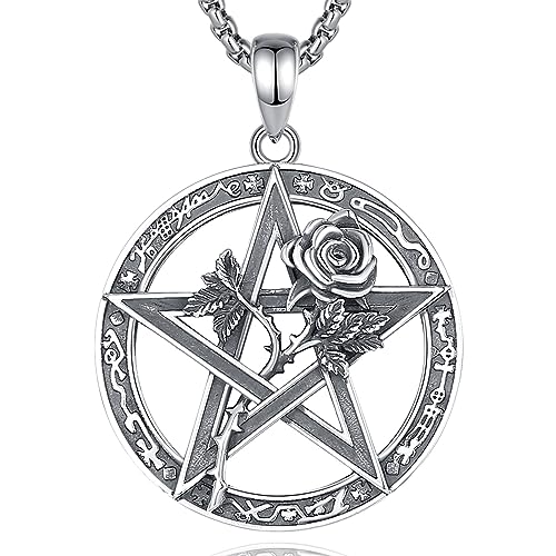 EUDORA Harmony Ball Pentagramm Schwarze Rose Kette für Damen Herren Sterling Silber 925, Vintage Pentagramm Halskette Witcher Anhänger Amulett Runen Wicca Schmuck Geschenk für Frauen Männer,55CM von EUDORA Harmony Ball