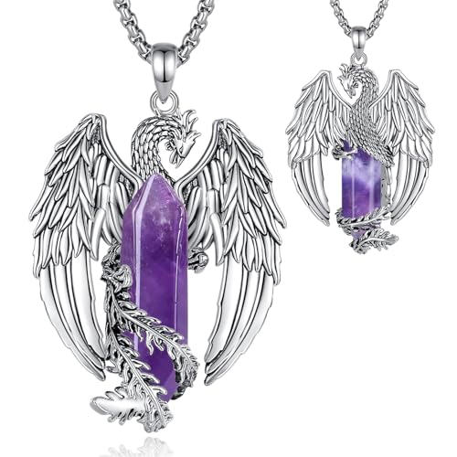 EUDORA Harmony Ball Phönix Amethyst Kette für Damen Herren, Vintage Wikinger Feuerphönix Amethyst Halskette Anhänger Amulett Energie Gothic Kristall Schmuck, Geschenk für Frauen Herren, 20" +2" von EUDORA Harmony Ball
