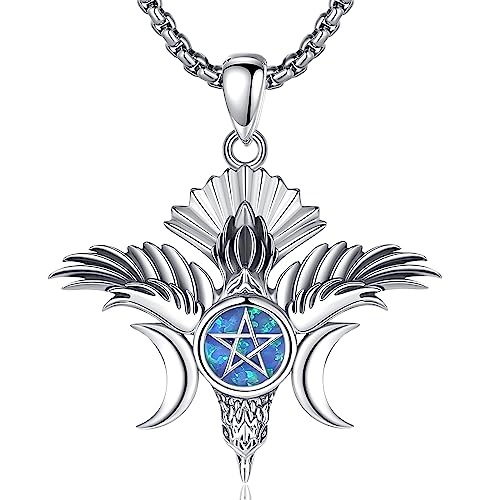 EUDORA Harmony Ball Rabe Dreifacher Mond Pentagram Kette mit Blauer Opal für Damen Herren Sterling Silber 925,Wiccan Amulett Runen Anhänger Heidnisch Schmuck Geschenk für Frauen Herren,50+5 cm von EUDORA Harmony Ball