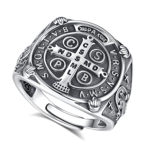 EUDORA Harmony Ball S925 Sterling Silber St. Benedikt Ring, Benitus Ringe für Frauen und Männer Verstellbarer St. Benedikt Amulett Ring für Katholischen Schmuck Schutz Geschenke von EUDORA Harmony Ball