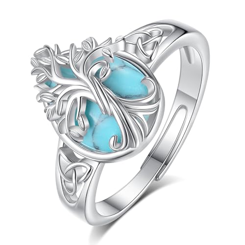 EUDORA Harmony Ball Türkis Lebensbaum Ring für Damen S925 Sterling Silber, Verstellbarer Baum des Lebens Ring Offener Ringe Mit Blau Kristall Türkis Heilsteine Schmuck Geschenk für Frauen von EUDORA Harmony Ball