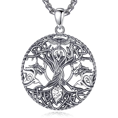 EUDORA Harmony Ball Wikinger Baum des Lebens Weltbaum Kette für Damen Herren Sterling Silber 925, Viking Lebensbaum Ketten mit Rabe Wolf Anhänger, Wiccan Amulett Schmuck Geschenk für Frauen, 55+5CM von EUDORA Harmony Ball