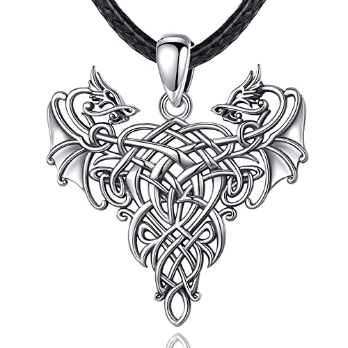 EUDORA Harmony Ball Wikinger Drachen Kette Damen Herren Sterling Silber 925, Schwarz Lederseil Halskette Drache Amulett Anhänger Witcher Schmuck Geschenk für Ehemann Herren Mutter Vater, 61cm von EUDORA Harmony Ball