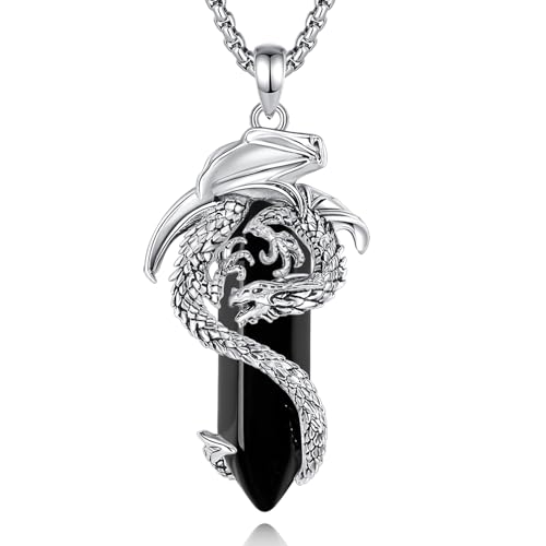 EUDORA Harmony Ball Wikinger Drachen Obsidian Kette für Damen Herren, Vintage Drachen Obsidian Halskette Anhänger Amulett Energie Gothic Schmuck Geschenk für Frauen Herren Papa Mutter, 20" +24" von EUDORA Harmony Ball