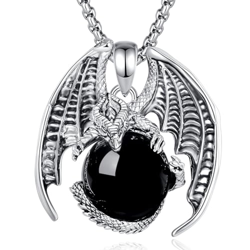 EUDORA Harmony Ball Wikinger Drachen Obsidian Kette für Damen Herren, Vintage Drachen Obsidian Halskette Anhänger Gothic Amulett Energie Schmuck Geschenk für Frauen Herren Papa Mutter, 20" +24" von EUDORA Harmony Ball