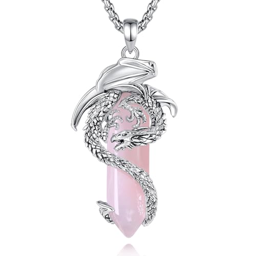EUDORA Harmony Ball Wikinger Drachen Rosenquarz Kette für Damen Herren, Vintage Drachen Rosa Quarz Halskette Anhänger Amulett Energie Gothic Schmuck Geschenk für Frauen Herren Papa Mutter 20" +24" von EUDORA Harmony Ball