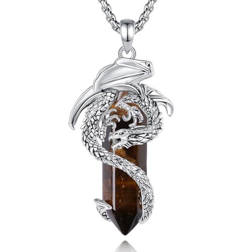 EUDORA Harmony Ball Wikinger Drachen Tigerauge Kette für Damen Herren, Vintage Drachen Tigerauge Halskette Anhänger Amulett Energie Gothic Schmuck Geschenk für Frauen Herren Papa Mutter, 20" +24" von EUDORA Harmony Ball