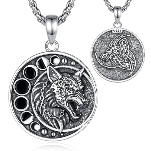 EUDORA Harmony Ball Wikinger Wolf Mond Kette für Damen Herren Sterling Silber 925, Nordische Mythologie Wikinger Wolf Halbmond Triskele Anhänger Mondphasen Schmuck Geschenk für Frauen Herren, 22"+2 von EUDORA Harmony Ball