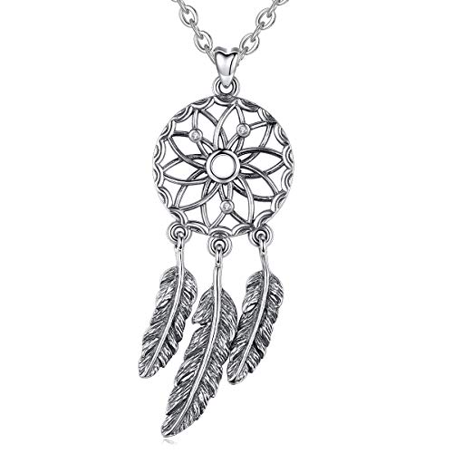 Eudora Halsketten Boho Mit Traumfänger-Anhänger aus 925 Sterlingsilber mit Feder, Vintage Kette Glücksbringer für Mädchen Damen Hübsches Geschenk Damenschmuck, 45,7 cm von EUDORA Harmony Ball