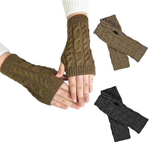 EUDUQ 2 Paar Handstulpen Damen,Herbst Winter Kurzer Armstulpen Mädchen,Gestrickte fingerlose handschuhe,Wärme handschuhe ohne finger,dehnbare Handschuhe Fingerlos(Grau/Khaki) von EUDUQ