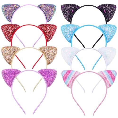 EUDUQ Katzenohren Haarreif Set,8 Stück Glitzer Katze Haar Hoops Metall katzenohren Stirnband Pailletten Cat Ears Stirnbänder Mädchen Haarschmuck Für Geburtstagsparty Cosplay von EUDUQ