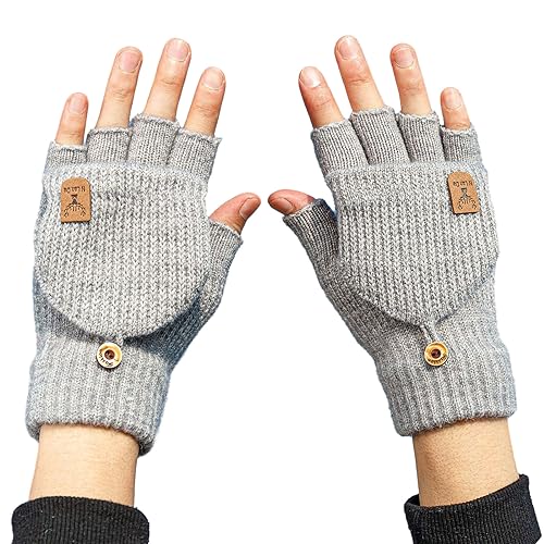 EUDUQ Winter Warme Handschuhe,Fingerlose Flip Handschuhe,Convertible fingerlos Mädchen handschuhe, Handschuhe ohne Finger,Strick Half Fingerfür Gloves für Damen und Herren Grau von EUDUQ