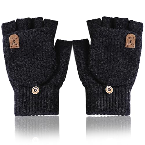 EUDUQ Winter Warme Handschuhe,Fingerlose Flip Handschuhe,Convertible fingerlos Mädchen handschuhe, Handschuhe ohne Finger,Strick Half Fingerfür Gloves für Damen und Herren Schwarz von EUDUQ