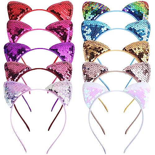 EUDUQ Katzenohren Haarreif Set,10 Stück Glitzer Katze Haar Hoops Metall katzenohren Stirnband Pailletten Cat Ears Stirnbänder Mädchen Haarschmuck Für Geburtstagsparty Cosplay von EUDUQ